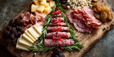 Charcuterie board shaped as Christmas tree with meats, cheeses, fruits, nuts, rosemary garlands, star topper. Elegant holiday snack platter, creative festive grazing vibe.