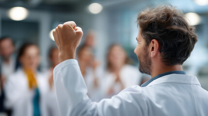 Faceless scientist celebrating successful experiment with raised fist defocused cheering laboratory team background research breakthrough moment scientific achievement with cop