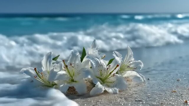 White lilies on sandy beach with ocean waves and clear blue water - Powered by Adobe