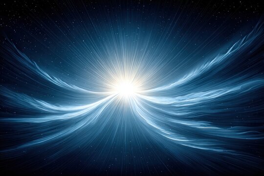 A powerful burst of light emanates from the center, surrounded by flowing blue luminescence and stars in space