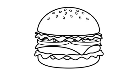 Monochrome burger illustration with sesame seed bun and layered fillings art design