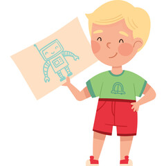 Blonde Haired Boy Wearing Red Shorts and Green T Shirt Proudly Displays Drawing of a Robot on a Transparent Background