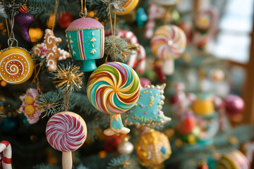 Christmas tree decorated with sweets, graphic children's style