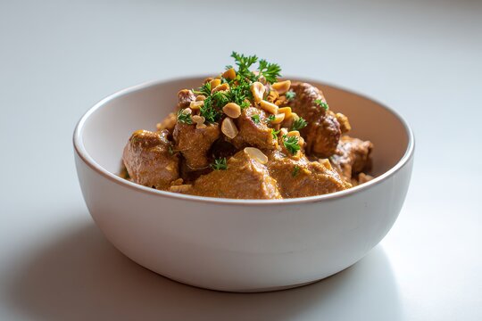 Delicious creamy chicken curry served in a white bowl with chopped peanuts and parsley as a garnish on a bright surface