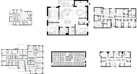 Collection of six different floor plan layouts for residential buildings