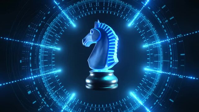 Futuristic Neon Blue Chess Knight with Digital Orbit and Glowing Data Streams strategy game.