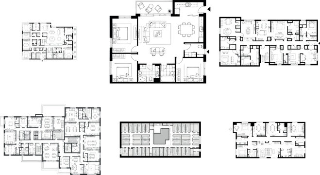 Collection of six different floor plan layouts for residential buildings