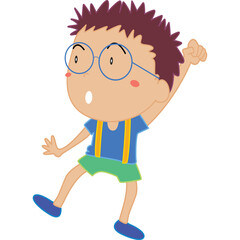 Animated Young Boy Wearing Blue Shirt Green Shorts and Blue Shoes with Glasses Expressing Excitement Against a Transparent White Background