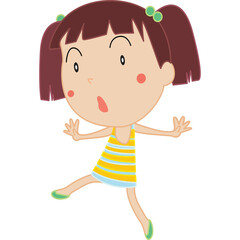Animated Young Girl With Brown Pigtails And Yellow Striped Dress Joyfully Posing On Transparent Background