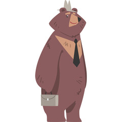 Anthropomorphic Brown Bear Wearing a Hat and Suit Carrying a Briefcase Standing Against a White Background