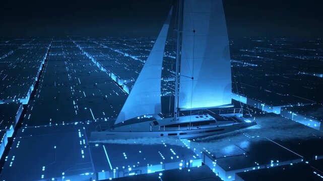 Futuristic sailboat navigates a glowing blue digital cityscape at night yacht sailing.