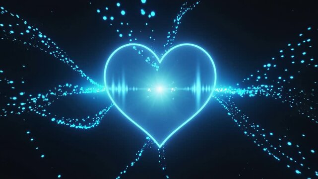 Glowing blue heart shape with pulsating light and abstract particle trails.