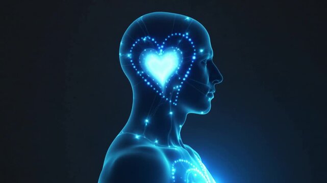 Glowing blue human silhouette with illuminated heart and brain connections head profile. - Powered by Adobe