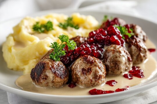Delicious Swedish meatballs served with creamy mashed potatoes and lingonberry sauce on a simple white plate