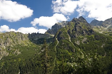 View of the Whitewater Valley (Bielovodska dolina) and the Pusta Straz peak, Ganek peak, Tazky peak. High Tatras. Slovakia. Europe.