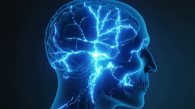Human head silhouette with glowing blue brain and electrical impulses.