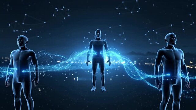 Human silhouette surrounded by glowing blue digital energy waves. - Powered by Adobe