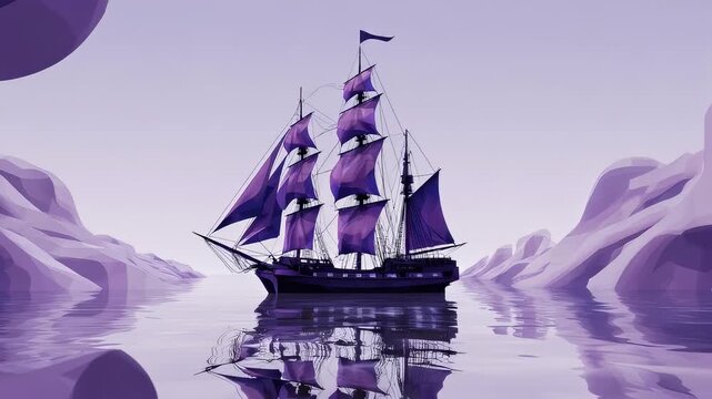 Surreal purple sailing ship on calm water with abstract landscape.