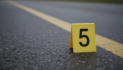Naklejka premium Yellow evidence marker number 5 placed on wet asphalt road, indicating a specific point of interest during a crime scene investigation or forensic analysis