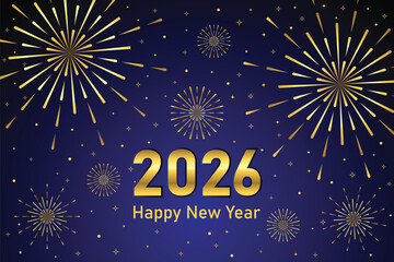 celebration happy new year 2026 with with golden firework and star element on blue background party theme poster vector illustration
