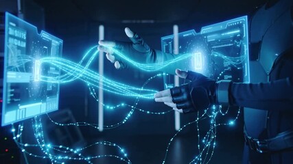 Person in futuristic suit interacting with holographic screens and glowing data streams. - Powered by Adobe