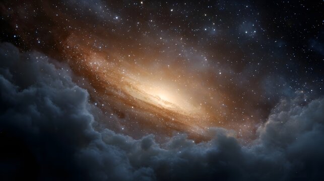 A swirling galaxy glows amidst dark clouds and a starry expanse in the vast cosmic void