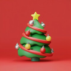 3d christmas tree decorated with ornaments baubles and star isolated on red festive background