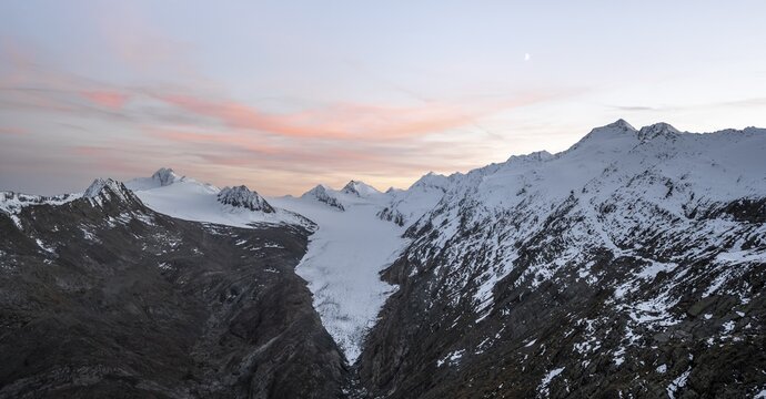 Snowy mountain landscape in autumn, at sunset, view of Gurgler Ferner with summit Hochwilde and Falschungsspitze, &Ouml;tztal Alps, Tyrol, Austria