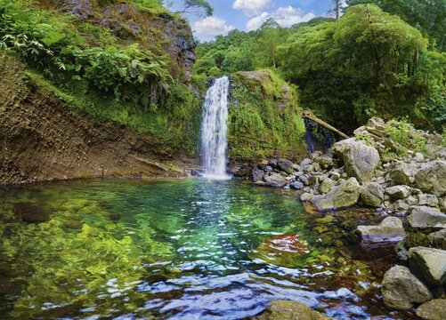 Cascading waterfall flowing into a clear green pool surrounded by rocks and vegetation, Poca da Inglesa waterfall, Grena Park, Furnas, George Hayes, Lagoa das Furnas, Sao Miguel Island, Azores, Portugal