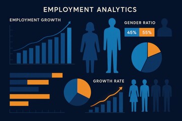 Infographic displaying employment analytics including growth trends, gender ratios, and growth rates, highlighting workforce demographics and economic insights.