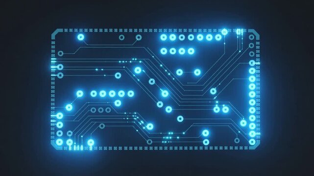 Stylized glowing blue circuit board with intricate pathways and connection points motherboard technology.