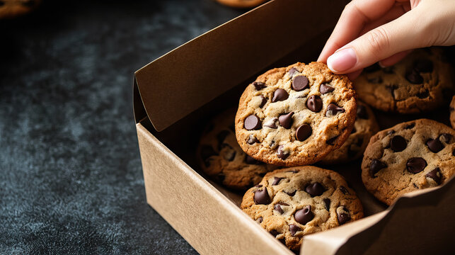 Irresistible homemade chocolate chip cookies displayed in a rustic cardboard box with copy space for National Cookie Day, Chocolate Chip Cookie Week, Cookie Exchange Day, Homemade Cookies Day