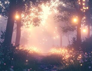 Dreamlike Forest with Floating Lights and a Dreamlike Atmosphere.
