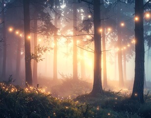 Dreamlike Forest with Floating Lights and a Dreamlike Atmosphere.