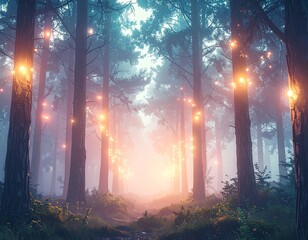 Dreamlike Forest with Floating Lights and a Dreamlike Atmosphere.