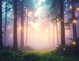 Dreamlike Forest with Floating Lights and a Dreamlike Atmosphere.