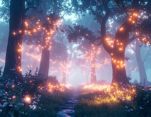 Dreamlike Forest with Floating Lights and a Dreamlike Atmosphere.