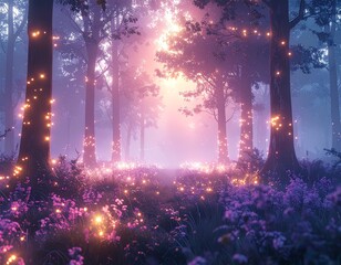 Dreamlike Forest with Floating Lights and a Dreamlike Atmosphere.