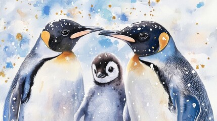 Pair of emperor penguins nurturing their fluffy chick in a snowy landscape highlights the beauty of family life in the Antarctic during winter