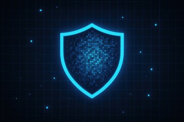 Fototapeta premium Digital shield icon glowing in blue with pixelated background, representing cybersecurity, protection, and digital safety in technology. Concept of data security and defense.