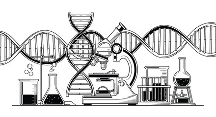 A scientific illustration displays a microscope and laboratory equipment alongside DNA strands, representing genetics and research.