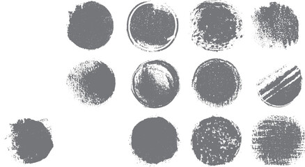 Circular stamp element with a transparent background. Set of black grunge texture round shape isolated on white background. 