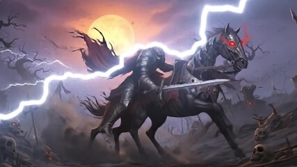 A dark illustration of an ominous knight on horseback amidst a stormy landscape, with lightning arcing across the sky - Powered by Adobe