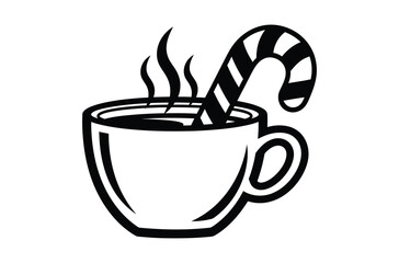 A steaming mug of hot chocolate with a candy cane stick.