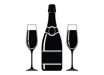 A bottle of sparkling wine stands between two filled champagne glasses on a white background.