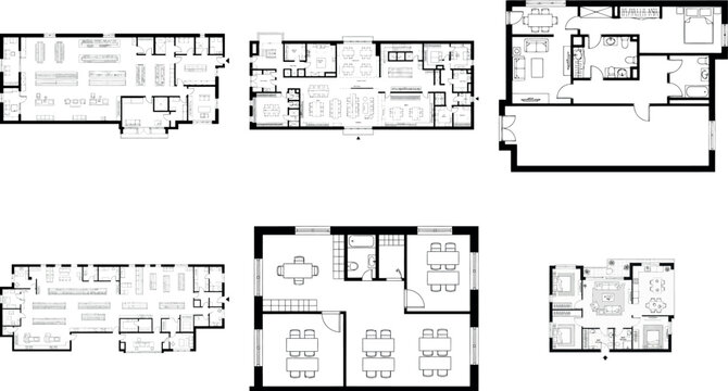 Set of six diverse floor plans for various building types