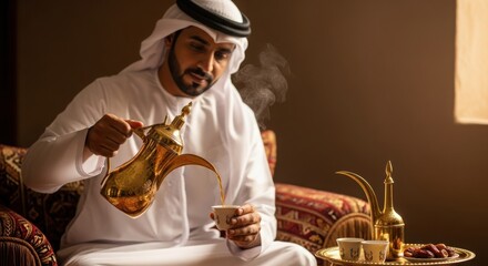 A man in traditional arabic clothing pours coffee from a dallah into a cup, with steam rising, in a warm, inviting setting