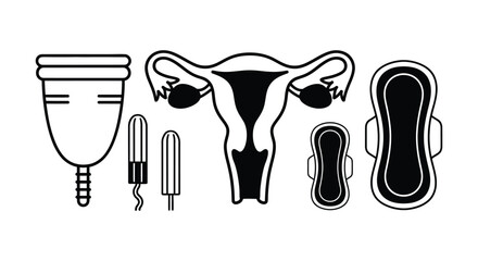 A diagram displays feminine hygiene products and a uterus with ovaries, symbolizing women's health.