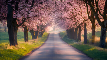 Blossom Lined Road Tranquil Spring Path with Pink Flowering Trees Sunlit Countryside Nature Scene Serene Journey Lush Greenery Peaceful Scenery Dreamy Landscape Roadway