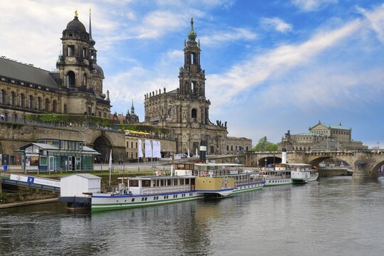 Historic center viewed from the Elbe with the Cathedral of the Holy Trinity, the Semperoper and Carola bridge, Dresden, Saxony, Germany